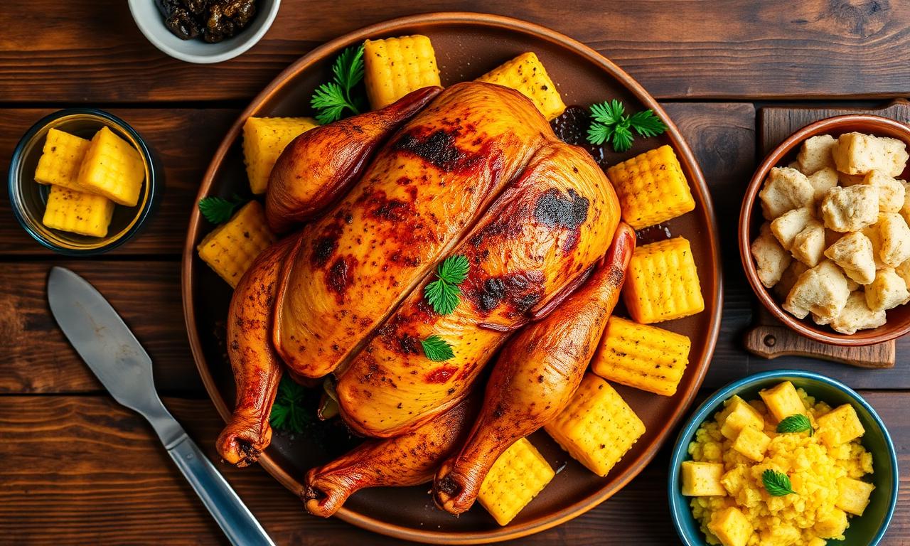 Frango assado com polenta e acompanhamentos